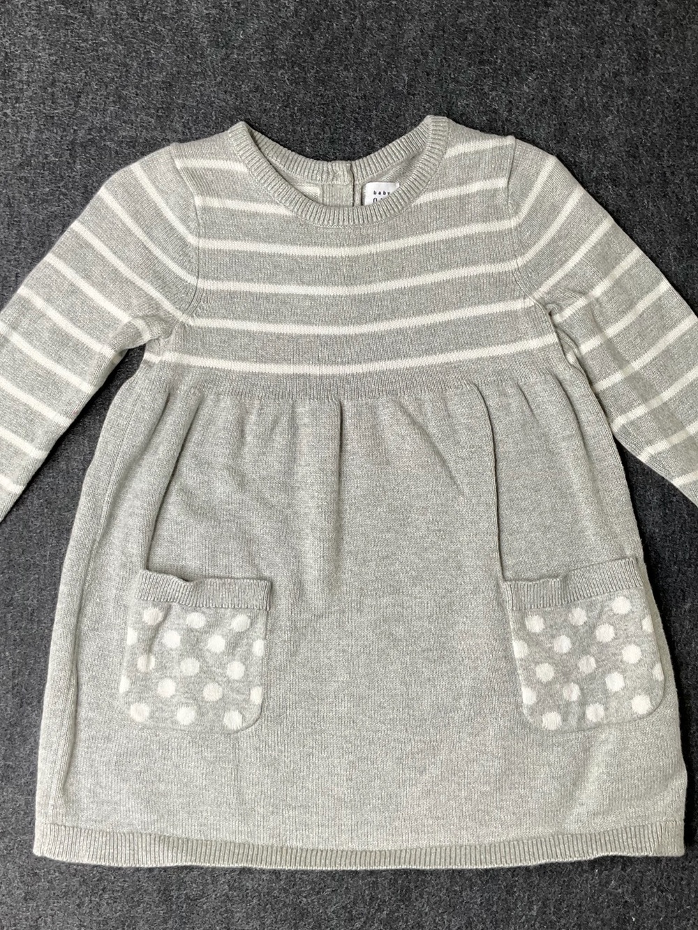 GAP Girls Gray and Cream Striped Sweater Dress with Polka-Dot Pockets 18-24m